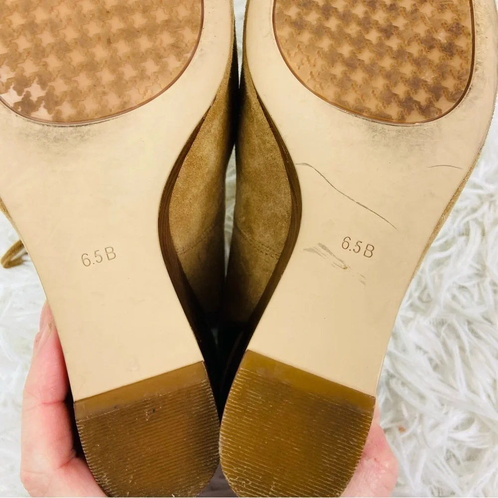 LAUREN RALPH LAUREN tan camel 100% sheep leather open toe suede wedge heels 6.5